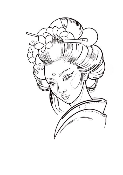 Japanese Lady Tattoo Design, Geisha Coloring Pages, Geisha Drawing Tattoo, Japanese Tattoo Designs Geisha, Japanese Geisha Tattoo Design, Asian Style Tattoos, Japanese Geisha Drawing, Japanese Geisha Tattoo, Geisha Drawing