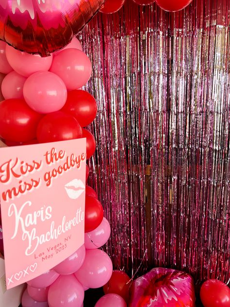 Red Bachelorette Party Decorations, Kiss The Miss Goodbye Bachelorette Decor, Pink Vegas Wedding, Red And Pink Bachelorette Party, Red And Pink Party Decorations, Pink And Red Bachelorette Party, Red And Pink Bachelorette, Pink Bachelorette Party Theme, Red And Pink Party