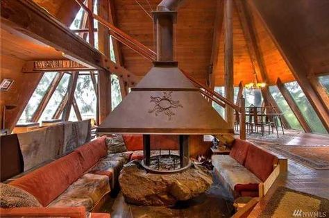 Wow! The Pyramids, Snohomish, Washington. Two shingled pyramidal housing units connected with triangular glass corridor, designed by David Turner AIA in 1976. Photos: Berkshire Hathaway - Imgur Fire Pit Hood, 70s Cabin, Fire Pit Top, Pyramid House, A Frame Cabins, Wood For Sale, Shingle Siding, A Frame Cabin, A Frame House