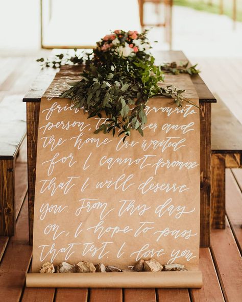 Laura Erxleben on Instagram: “A hand-lettered table runner is the perfect way to make your head table stand out! The runner is available at 9 or 12 feet and can be…” Kraft Paper Table Runner, Calligraphy Scroll, Handwritten Wedding, Berry Wedding, Paper Table Runner, Thanksgiving Table Runner, Rustic Style Wedding, Paper Table, Event Backdrop