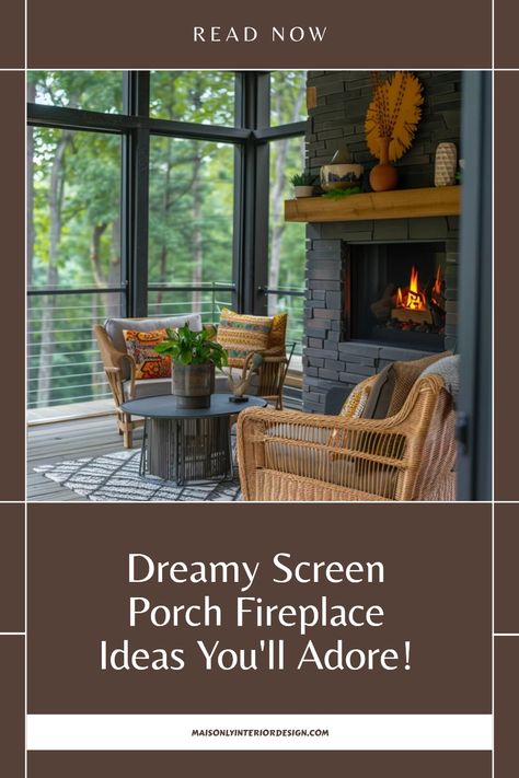 Explore cozy screen porch fireplace ideas to create a charming outdoor living space. This pin showcases inspiring designs for transforming your porch into a year-round haven. Discover various fireplace options and decor styles to enhance your screened-in porch with warmth and ambiance. Porch Fireplace Ideas, Rustic Stone Fireplace, Indoor Outdoor Fireplaces, Porch Fireplace, Build A Fireplace, Porch Windows, Stone Fireplaces, Backyard Balcony, Rustic Stone