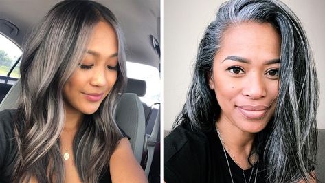 'Gray Blending' Is the Gorgeous New Way to Transition Your Hair | Glamour Grey Hair With Black, Grey Blending Highlights Going Gray, Dark Hair Going Gray, Black Hair Going Grey, Grey Blending Dark Hair, Blending Highlights, Blend Grey Hair, Grey Blending Highlights, Brown Hair Pictures