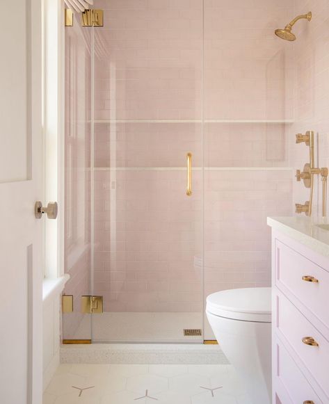 Spa Inspired Bathrooms, Pink Tiles, Transitional Bathroom, Shower Niche, Girls Bathroom, Pink Bathroom, Bathroom Inspo, Bathroom Kids, Shower Design