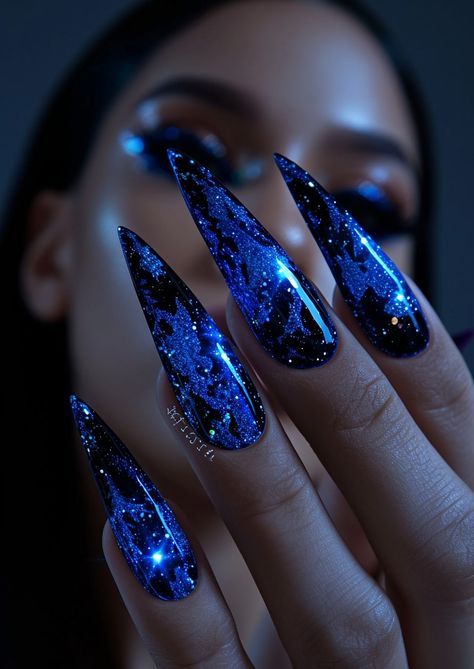 Cosmic Nail Designs, Nail Designs Space, Blue Stilletos Nails, Blue Stiletto Nails Design, Blue And Black Nails Designs, Black And Blue Nail Ideas, Space Nail Designs, Royal Blue Nail Art, Nails Acrylic Stiletto