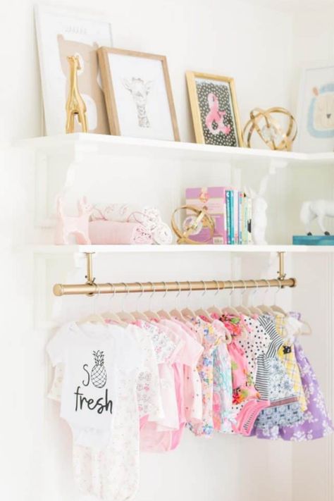 Sienna Bedroom, Small Space Clothing Storage, Glam Nursery, Dark Nursery, Nursery Inspiration Girl, Nursery Shelf Decor, Baby Clothes Storage, Sweet Nursery, Nursery Dresser