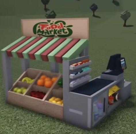 Boo Burg Layout, Pandalemontart Bloxburg Town, Bloxburg Food Stand Ideas, Bloxburg Market Ideas, Bloxburg Shop Interior, Fruit Stand Bloxburg, Bloxburg Restaurant Interior, Bloxburg City Hacks, Bloxburg Thrift Shop