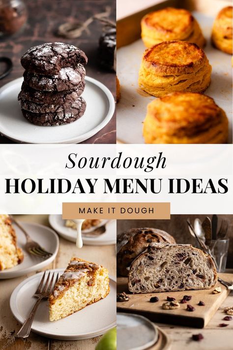 Discover holiday-inspired sourdough recipes that include breads, cakes, and cookies! Perfect for festive gatherings, these recipes showcase the depth of sourdough flavor. Check out more holiday sourdough ideas at makeitdough.com! Holiday Sourdough, Bread Flavor Ideas, Festive Recipes, Cakes And Cookies, Sourdough Bread Recipe, Holiday Menus, Holiday Feast, Sourdough Recipes, Recipes For Beginners