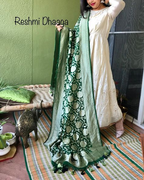 Khushboo Yadav on Instagram: “Reshmi Dhaaga brings to you BOTTLE GREEN /DARK GREEN PURE KHADDI GEORGETTE Banarasi dupatta with Silver Zari ... DM for enquires...…” Green Banarasi Dupatta, Green Dupatta, Heavy Dupatta, Dark Green Dress, Bottle Green, Green Dark, Colour Combinations, Color Combos, Green Dress