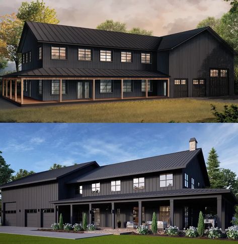 Explore 15 stunning black barndominium ideas that challenge traditional home design norms. These bold, innovative black homes combining barn charm with modern style might just inspire you to rethink your own living spaces. Wood And Corrugated Metal Wall, Black Barndominium Ideas, Black Homes, Traditional Home Design, Black Modern Farmhouse, Black Barndominium, Steel Building Homes, Barn House Design, Barn Style House Plans