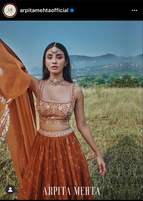 Burnt Orange Lehenga, Arpita Mehta, Sleeveless Blouse Designs, Orange Lehenga, Simple Lehenga, Indian Outfits Lehenga, Wedding Lehenga Designs, Lehnga Dress, Lehenga Blouse Designs