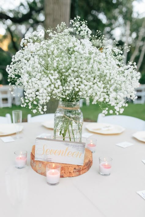 Mason Jar Baby Breath Centerpiece, Simple Baby Breath Centerpiece, Baby’s Breath Wedding Centerpiece, Babies Breath Wedding Centerpieces, Babies Breath Centerpiece, Baby Breath Centerpiece, Wood Centerpieces Wedding, Wood Centerpiece, Beach Wedding Centerpieces