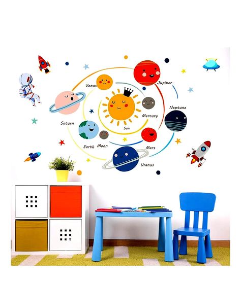 BEILINLOK STICKERS Educational Classroom Playroom Cartoon Solar System, Removable Wallpaper Bedroom, Solar System Wall Decal, Space Wall Decals, Kindergarten Wallpaper, Nursery Stickers, Wall Decals For Bedroom, Wall Decor Decals, Kids Room Wall Decor