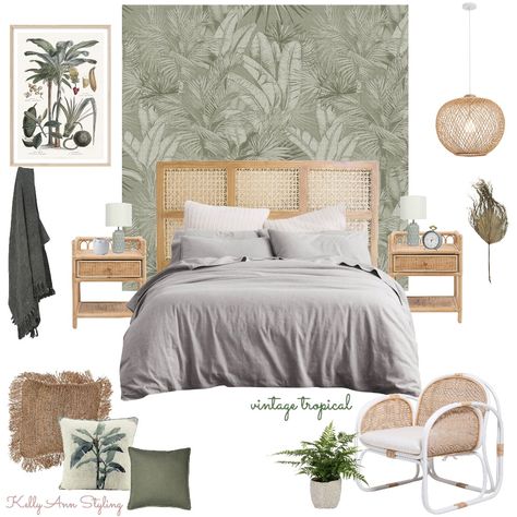 Designed by @kellyannstyling using our mood board tool. Loving the sage green, palms and rattan used to create a coastal boho look.  Bedroom design, bedroom decor, rattan pendants, rattan furniture, tropical Tropical Bedroom Interior, Coastal Boho Bedroom, Mood Board Bedroom, Sage Bedroom, Colonial Interiors, Bedroom Mood Board, Rattan Bedroom, Tropical Bedroom, Art Styling