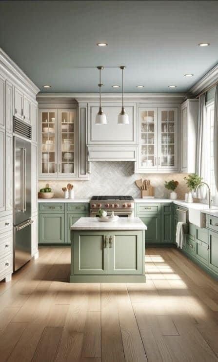 Sage Green Cabinets, Sage Green Kitchen, Kitchen Decor Inspiration, Kabinet Dapur, Green Kitchen Cabinets, Green Cabinets, Kitchen Farmhouse, Kitchen Cabinet Colors, Stunning Kitchens