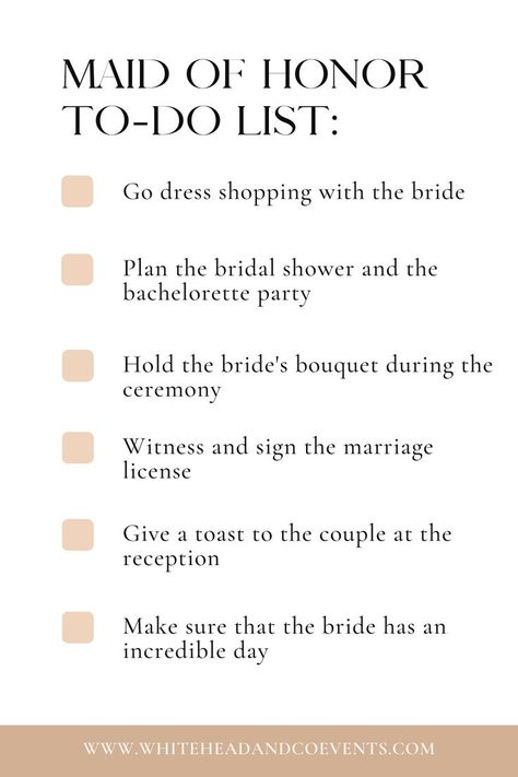 Being the maid of honor to someone you’re close to is a special role. This can be both an exciting and stressful time, and as the maid of honor, you’ll have some duties to perform throughout the wedding planning process and on the day of the wedding. Maid Of Honor Checklist Timeline, Wedding Roles List, Bridesmaid Checklist, Planning 2025, Wedding Duties, Maid Of Honor And Bridesmaid, Maid Of Honor Responsibilities, Wedding Outfits Ideas, Wedding Planning Checklist Timeline