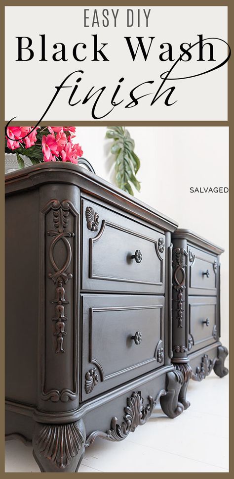 Easy DIY Black Wash Finish | Gorgeous Nightstands | Salvaged Inspirations  #siblog #salvagedinspirations #paintedfurniture #furniturepainting #DIYfurniture #furniturepaintingtutorials #howto #furnitureartist #furnitureflip #salvagedfurniture #furnituremakeover #beforeandafterfurnuture #paintedfurnituredieas #paintedfurniture Black Shabby Chic Furniture, Black Wash Furniture Diy, Black Wash Furniture, Restaining Furniture, Grey Painted Dresser, Black Shabby Chic, Popular Furniture, Painted Furniture For Sale, Chalk Paint Furniture Diy