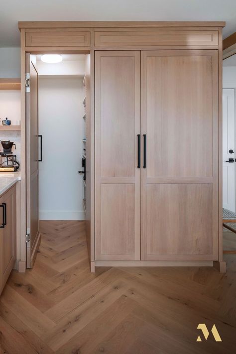 Panel Refrigerator Built Ins, Custom Fridge Panels, Hiding A Fridge, Paneled Fridge And Pantry Wall, Pantry Next To Refrigerator Built Ins, Fridge Hidden In Cabinets, Kitchen With Built In Fridge, Paneled Fridge Kitchen, Hidden Fridge Built Ins