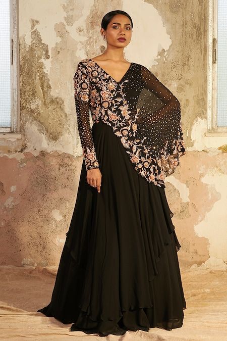 Buy Black Georgette Embellished Floral V Neck Noire Gown For Women by Shloka Khialani Online at Aza Fashions. Black Gown Indian, Hand Embellishment, Georgette Gown, Cape Gown, Indo Western Dress, Cape Style, Desi Clothes, Embellished Gown, Gowns Online