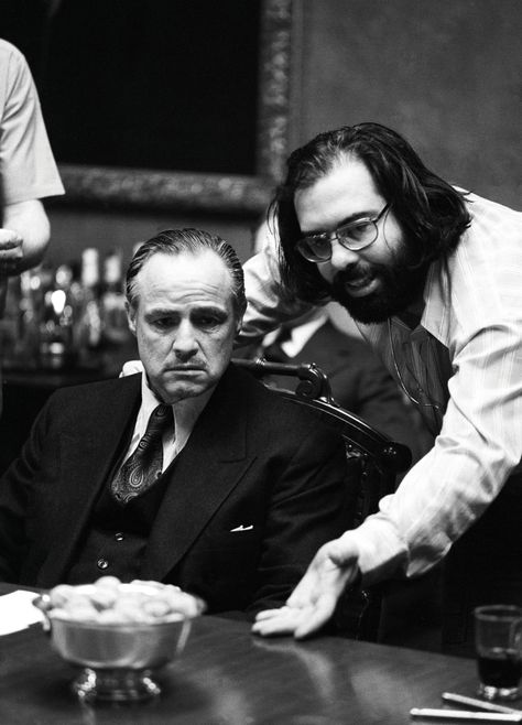 Episode 26 - Francis Ford Coppola.  Marlon Brando watches director Francis Ford Coppola on the set of "The Godfather", 1972. Marlon Brando The Godfather, The Godfather 1972, Godfather 1972, Francis Coppola, Don Vito Corleone, Battle Rap, Don Corleone, Godfather Movie, God Father