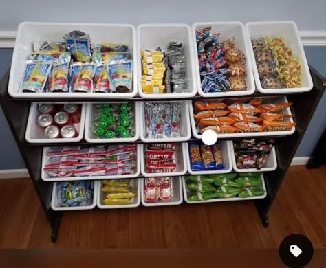 Grab And Go Snack Station, After School Snack Organization Ideas, Repurpose Toy Bin Organizer, Daycare Kitchen Organization, Ramen Organization, Snack Station In Bedroom, Repurposed Toy Organizer, Old Kitchen Organization, Candy Organization Storage