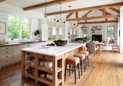 I like the natural flow from kitchen int family room.  In this chic modern farmhouse style in Mill Valley, California Farmhouse Interior Design, Farmhouse Kitchen Island, Kitchen Island Decor, Kitchen Design Open, Farmhouse Kitchen Design, Modern Farmhouse Design, Farmhouse Interior, Open Concept Kitchen, Modern Farmhouse Kitchens