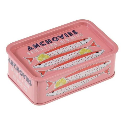 Anchovy tin packaging design. Pink colored with fish illustration and beautiful typography. Retro Packaging, Box Creative, Fish Illustration, Vintage Packaging, Beautiful Typography, Graphic Design Packaging, Food Packaging Design, Packing Design, Design Industrial