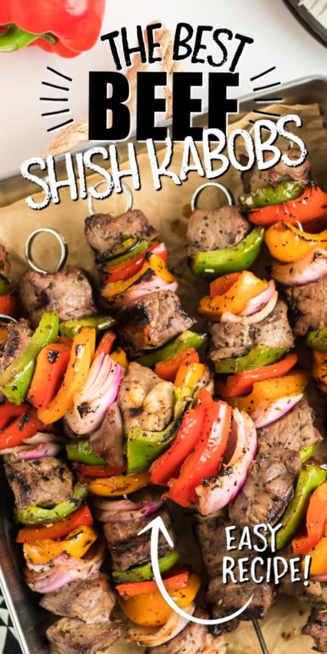 Flavorful and tender shish kabobs are the perfect easy summertime meal. Lean steak is marinated and then skewered with bell peppers and onions before grilling. Beef Shish Kabobs, Cabin Meals, Lean Steak, Beef Shish Kabob, Summertime Meals, Summertime Food, Smoker Ideas, Bariatric Meals, Shish Kabob