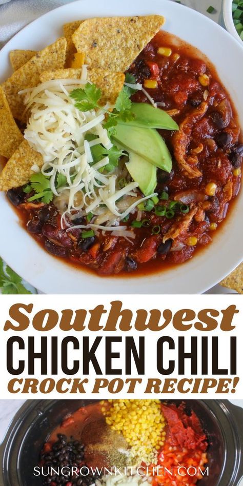 Southwest Chicken Chili is the perfect simple slow cooker comfort food! Switching our usual beef chili to chicken and adding all that southwestern flavor gives it a whole feel, the perfect cozy bowl on a chilly busy weeknight, a lazy Sunday or game day party! Southwestern Chicken Chili, Southwest Chicken Chili Crockpot, Southwest Chicken Chili, Crockpot Chicken Chili Recipes, Black Bean Chicken Chili, Southwestern Chicken, Chicken Chili Crockpot, Slow Cooker Chicken Chili, Chili Toppings