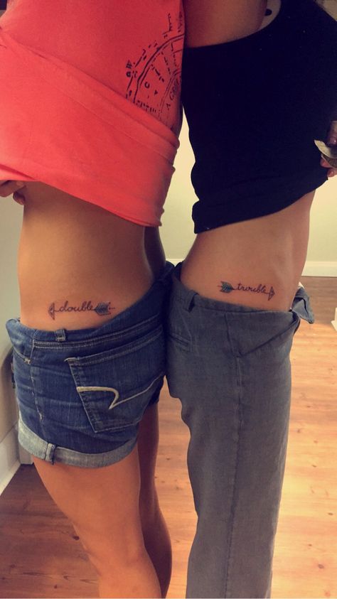 My sister and I got matching tattoos. Double Trouble. Mine is colored in with her birthstone color and vice versa. :) Double Trouble Matching Tattoos, Double Trouble Tattoo, Trouble Tattoo, Tattoos For Sisters, Bestie Tats, Friends Tattoos, Son Tattoos, Blessed Tattoos, Mother Son Tattoos