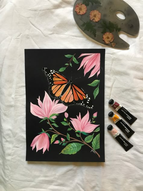 Butterfly On Black Canvas, Butterfly Flower Painting, Gouche Painting Easy For Beginners, Gouche Paintings Easy, Flower Gouache Painting, Butterfly Painting Easy, Butterfly Painting On Canvas, Monarch Butterfly Painting, Butterfly Watercolor Painting