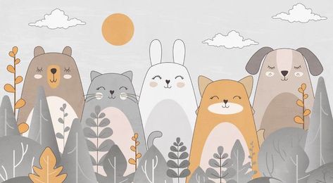 Cute Animals Wallpaper, Childrens Wallpaper, Bear And Bunny, Bedroom Cute, Wallpaper Forest, Wallpaper For Kids, Kids Room Murals, Kids Room Paint, Bunny Nursery