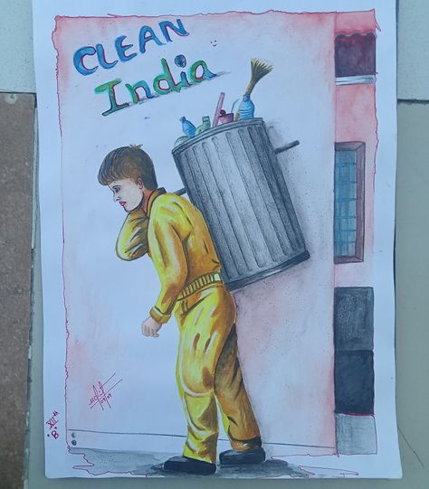 Watercolor+pencil colour Swachh Bharat Drawing Posters, Swachh Bharat Posters, Swachh Bharat Drawing, Swachh Bharat Drawing Ideas, Clean India Posters, Exam Drawing, Clean India, Swachh Bharat, India Poster