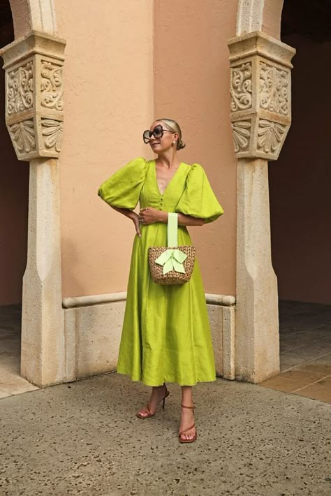 CITRON - Atlantic-Pacific Aje Dress Outfit, Puff Sleeve Midi Dress Outfit, Chartreuse Midi Dress, Citron Outfit, Chartreuse Dress Outfit, Puff Sleeve Dress Outfit, Poplin Dress Outfit Ideas, Millennial Outfits, Fat Dress