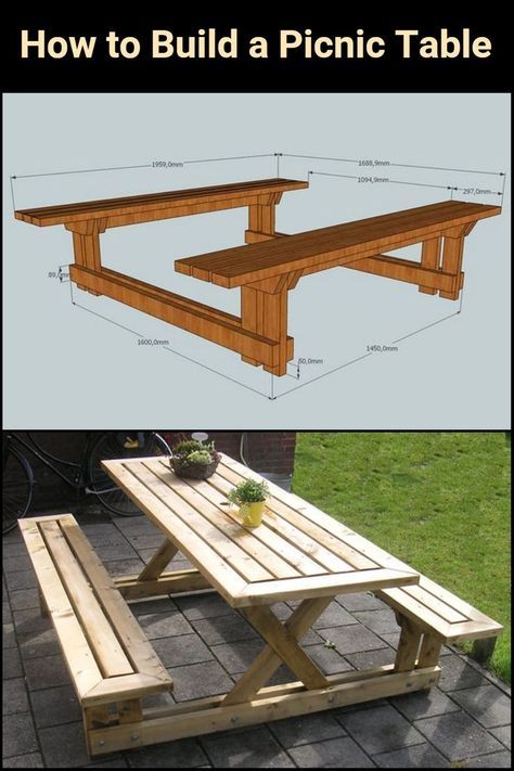 Like us, you’ve probably seen a lot of picnic tables in your life. But I think you’ll admit that this one gets a few extra points for the aesthetics. If you like it as much as we do, we figure you can make it for about a third of the cost of a store-bought picnic table. Picnic Table Bench Plans, Free Picnic Table Plans Easy Diy, Picnic Table Backyard Ideas, Unique Picnic Table, Wood Picnic Table Ideas, Picnic Tables, Picnic Table Ideas, Garden Table Plans, Farmhouse Picnic Table