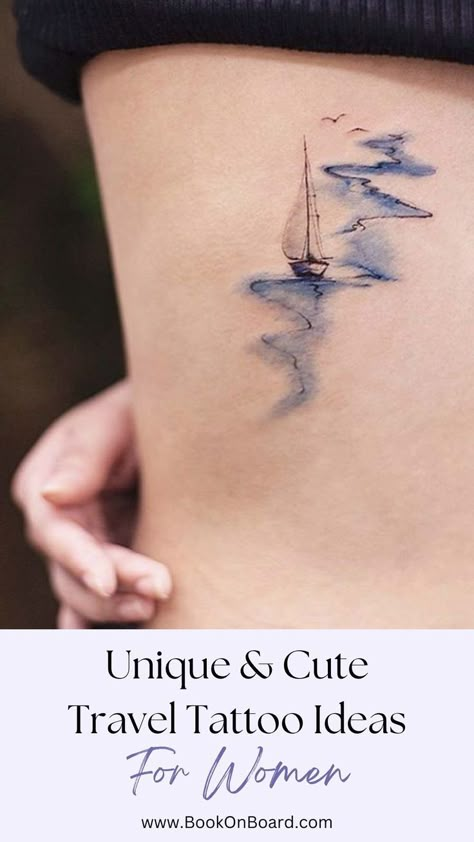 Unique & Cute Travel Tattoo Ideas For Women Travel Tattoo Ideas For Women, Tattoos Women Unique, Watercolor Bike, Wanderlust Tattoos, World Travel Tattoos, Feminine Compass Tattoo, Small Mountain Tattoo, Simple Compass Tattoo, Womens Tattoo Sleeve