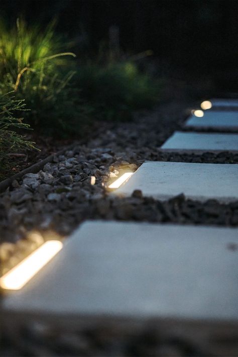 Top 26 Walkway Lights 2024 - Trendy Outdoor Illumination Ideas - placeideal.com Walk Way Lighting Pathways, Paver Lights Walkways, Patio Uplighting, Outdoor Path Lights, Front Walkway Lighting Ideas, Outdoor Ground Lighting, Walkway Lights Pathways, Drive Way Ideas Concrete, Drive Way Lights