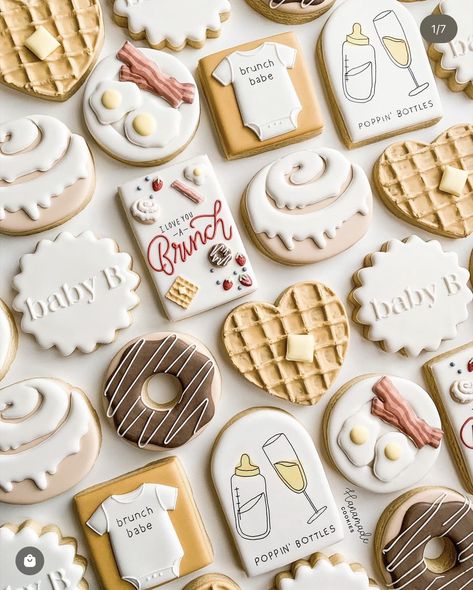 Sister Cookies Decorated, Breakfast Food Cookies Decorated, Decorated Cookie Themes, French Themed Cookies, Breakfast Themed Cookies, Breakfast Cookies Decorated, Food Cookies Decorated, Birthday Cake Sugar Cookies, Easy Royal Icing Cookies Design