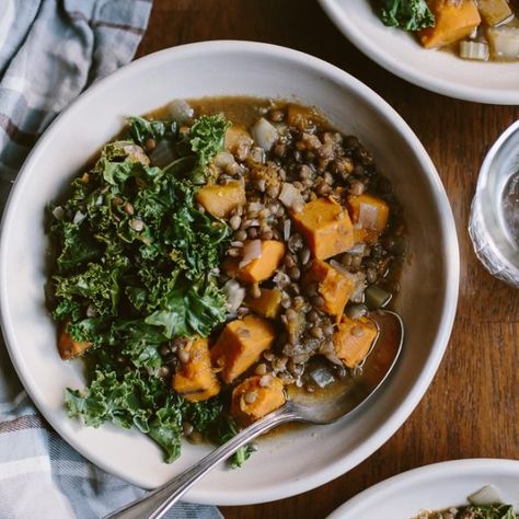 Slow Cooker Butternut Squash Lentil Stew Recipe: Vegan+GF - Put all the ingredients in your crockpot and have dinner ready in 6 hours. Butternut Squash Lentil, Slow Cooker Butternut Squash, French Lentil Soup, Lentil Stew Recipes, Vegan Slow Cooker Recipes, Vegan Slow Cooker, Soup Maker, Lentil Stew, Best Slow Cooker