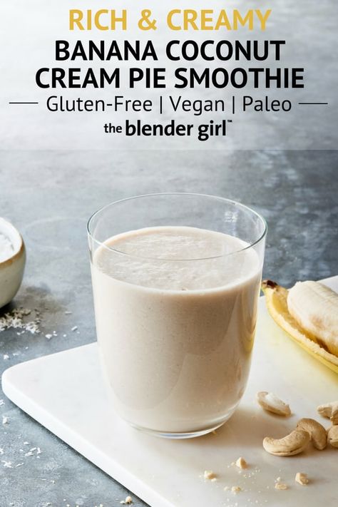 Banana Coconut Cream Pie Smoothie - The Blender Girl Coconut Cream Pie Smoothie, Coconut Cream Smoothie, Banana Coconut Cream Pie, Benefits Of Eating Avocado, Pineapple Health Benefits, Pineapple Benefits, Banana Drinks, Coconut Smoothie, Coconut Cream Pie