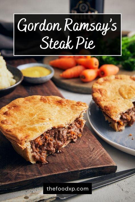 Gordon Ramsay's steak pie is a delicious main course meal. It has a crispy pastry crust. It's filled with tender beef chunks and mouth-watering gravy. So, try this traditional British meal now. The official website of TheFoodXP has the recipe for the steak. #steakpie #steakpierecipes #steakpierecipeeasy #steakpierecipepuffpastries #steakpiescottish #gordonramsaysteakpie #gordonramsay #gordonramsaysteakpierecipe British Steak Pie Recipe, British Steak Pie, English Steak Pie, British Beef Pie, English Pies British, Beef Pie Recipe Chunky, Scottish Meat Pie Recipe Beef, Easy Steak Pie Recipe, Scottish Steak Pie