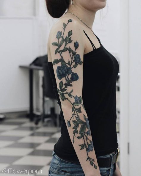 Tattoo Filter is a tattoo community, tattoo gallery and International tattoo artist, studio and event directory. Rose Vine Tattoos, Blue Flower Tattoos, Flower Vine Tattoos, Rose Tattoo Sleeve, Rose Sleeve, Blue Rose Tattoos, Muster Tattoos, Vine Tattoos, Floral Tattoo Sleeve