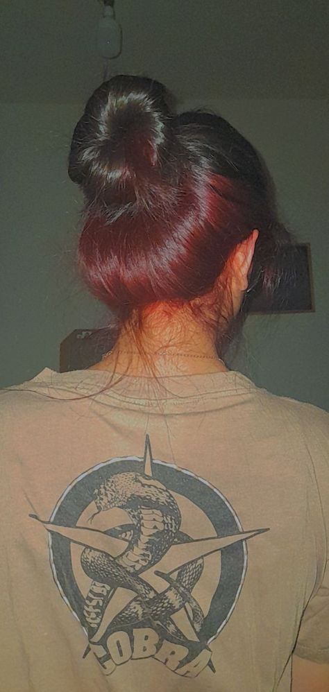 Red hair bun half dyed Half Dark Half Light Hair Under, Red Under Color Hair, Black Hair Dyed Red Underneath, Dark Brown With Burgundy Underneath, Brown Hair And Red Underneath, Red Underlayer Hair Brown, Brown With Red Underneath Hair, Half Black Half Cherry Red Hair, Dark Hair Red Peekaboo