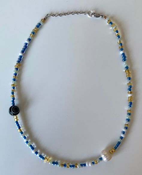 blue gold beaded necklace with glass and pearl accents Gold Beaded Necklace, Gold Bead Necklace, Beads Necklace, Blue Tones, Gold Beads, Blue Gold, Blur, Beaded Necklace, Blue And White