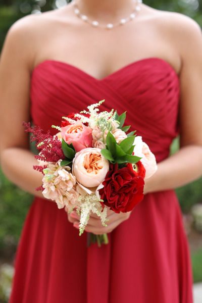 Bold blooms with astilbe.  Photography: Aaron Snow Photography - aaronsnowphotography.com Prom Flowers Bouquet, Poppy Lane, Prom Bouquet, Red Wedding Flowers, Bridesmaid Inspiration, Snow Photography, White Bridesmaid Dresses, Bridal Poses, Red Bridesmaids