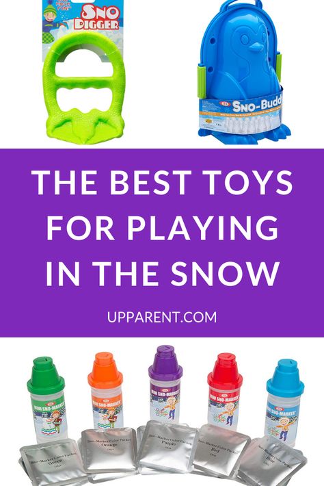 The best winter toys for playing in the snow! Parents share their tried and true favorites and activities for snowy days, including the best sleds, snowball makers, snow fort makers, and more! Great gifts for a winter birthday. Snow Day Gift Basket Ideas, Outdoor Snow Activities For Kids, Snow Day Fun, Winter Wonderland Toys For Tots Display, Inside Snow Activities For Toddlers, Snow Day Toys, Books About Snow For Toddlers, Toddler Presents, Snow Toys