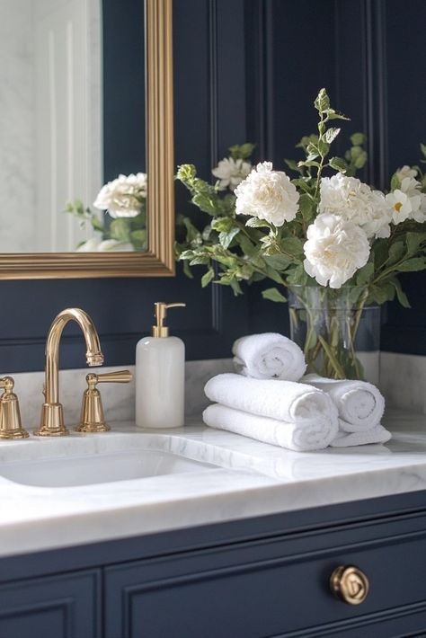 Navy Blue Sophistication Dark Blue Restroom Ideas, Blue Guest Bathroom Ideas, Hale Navy Bathroom Walls, Dark Blue Half Bathroom, Cute Guest Bathroom Ideas, Blue Towels In Bathroom, Navy Blue And Gray Bathroom, Navy Walls Bathroom, Blue Theme Bathroom