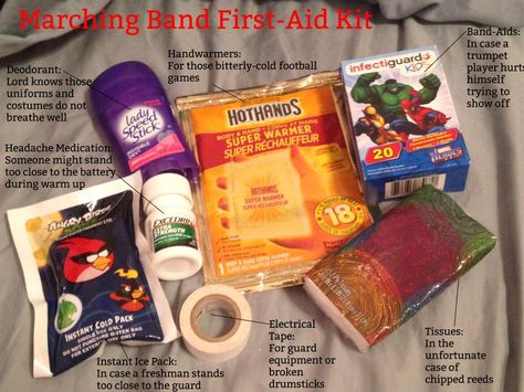 Colorguard Bag Checklist, Marching Band Survival Kit, Color Guard Bag, Band Competition Goodie Bags, Color Guard Survival Kit, Color Guard Gifts Ideas Diy, Band Camp Survival Kit Color Guard, Color Guard Bag Essentials, Band Camp Survival Kit