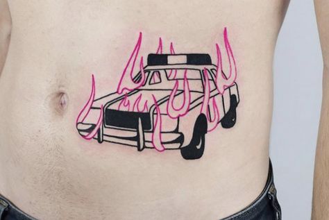 Car On Fire Tattoo, Cop Car On Fire, Llama Tattoo, On Fire Tattoo, Car On Fire, Scar Tattoo, Alien Tattoo, Fire Tattoo, Battle Scars