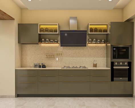 Compact Olive Green Kitchen Design With Mosaic Countertop | Livspace Olive Green Kitchen Design, Olive Green Kitchen Cabinets, Mosaic Countertop, Low Floor Bed, Interior Board, Olive Green Kitchen, Green Kitchen Designs, Kitchen Cost, White Marble Floor