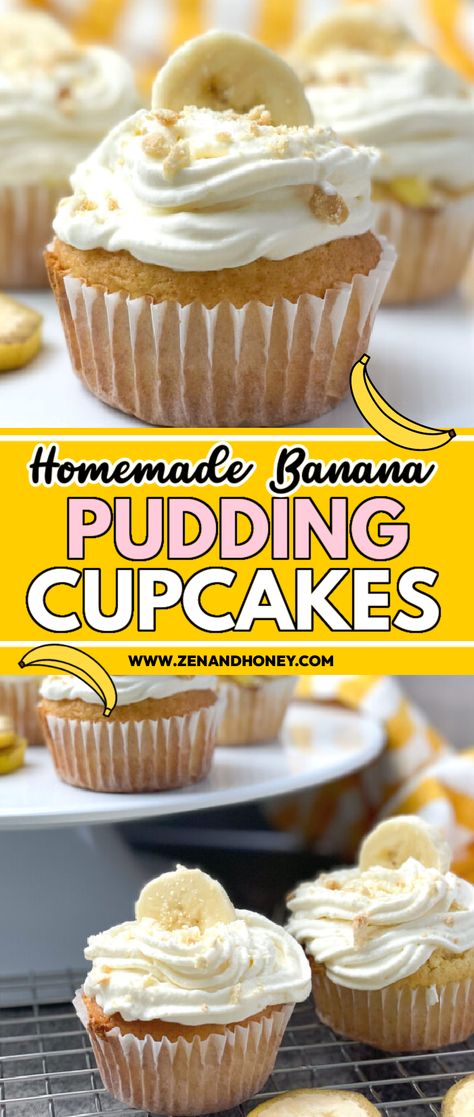 Banana lovers out there – this recipe is for you! These heavenly delicious Banana Pudding Cupcakes are filled with vanilla pudding, banana chunks, topped with whipped cream and sprinkled with vanilla wafers. The perfect breakfast banana cupcakes and ideal for those who love the vanilla and banana combination. This is a very exciting and fun cupcake recipe for when you want something new. Pudding Filled Cupcakes, Recipe For Banana Pudding, Perfect Cupcake Recipe, Banana Pudding Cupcakes, The Best Cupcakes, Recipe Ingredients List, Pudding Cupcakes, Easy Banana Pudding, Best Cupcakes